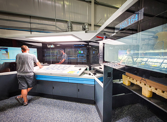 Team member operating a large-format digital printing press on the production floor