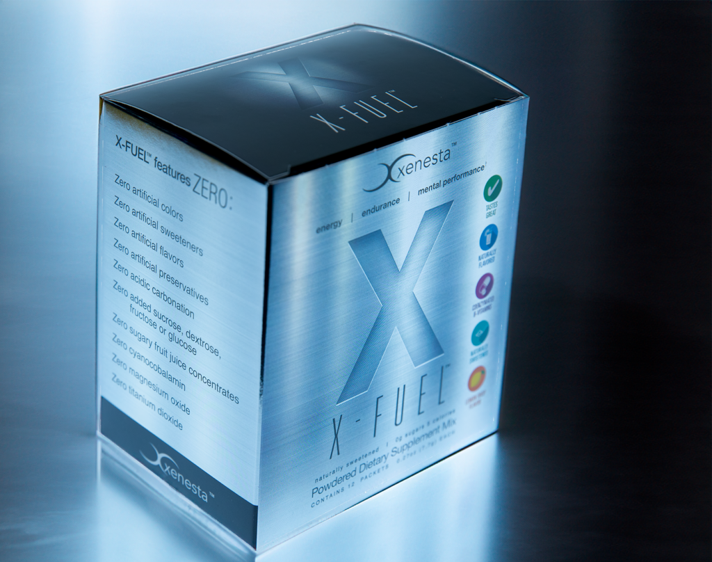 X-Fuel energy supplement box showcasing metallic foil and spot-coat finishing techniques