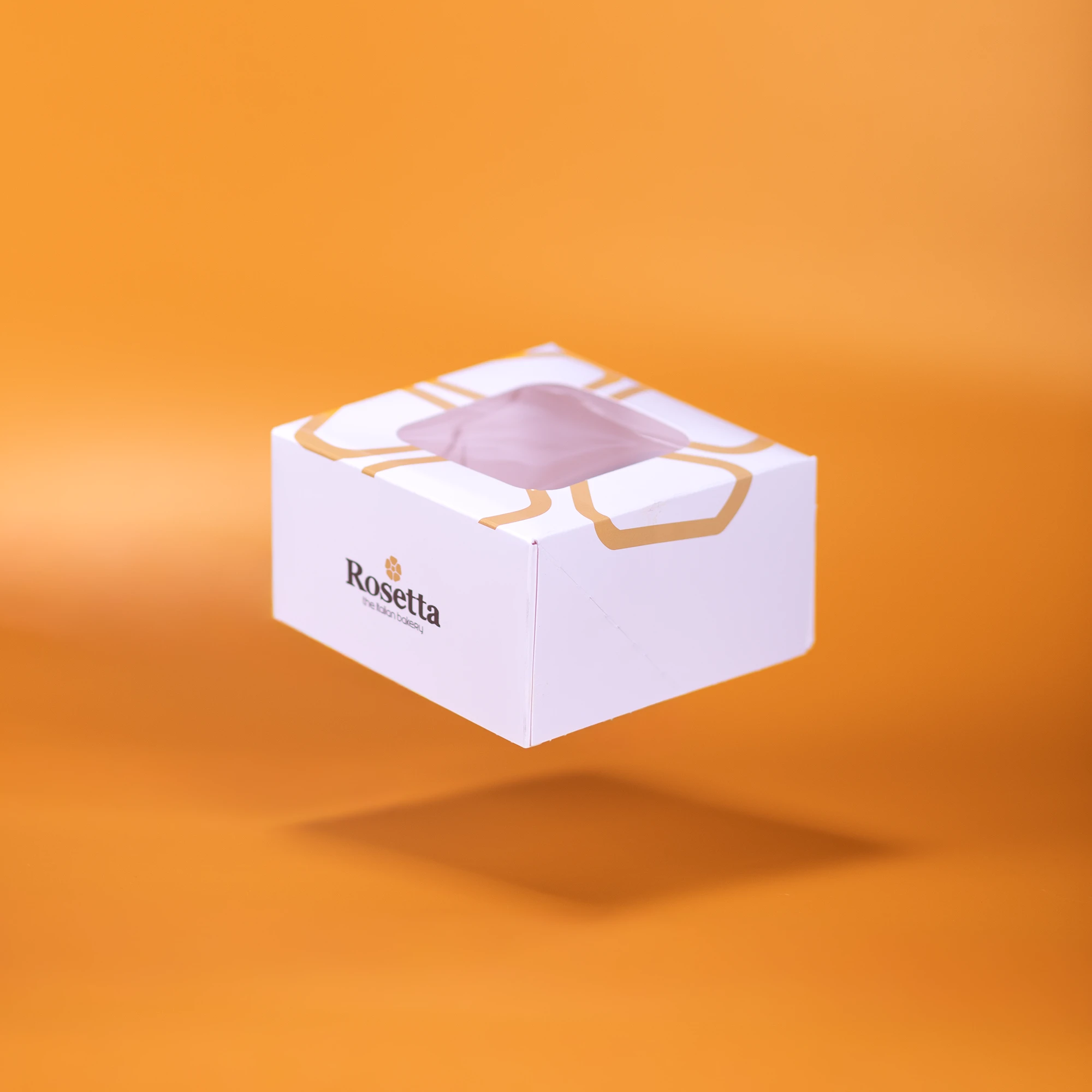 Stock windowed bakery box with custom-printed top and side for Rosetta Italian Bakery